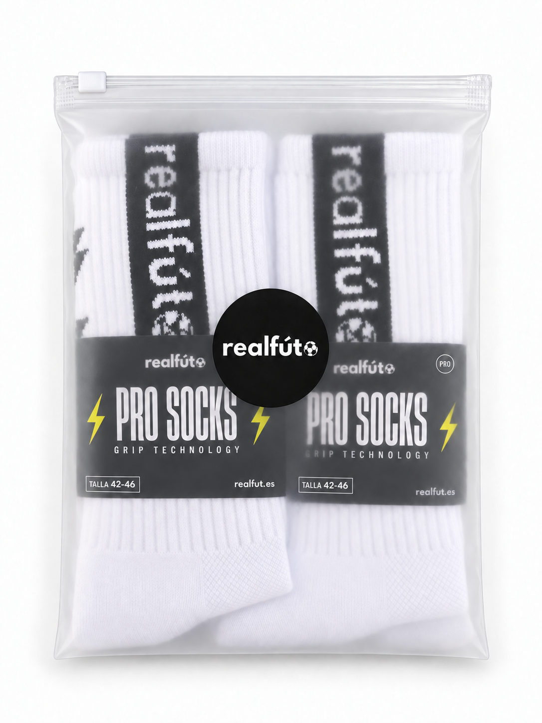Packaging de dos pares de calcetines antideslizantes Realfút Pro Socks blancos talla 42-46