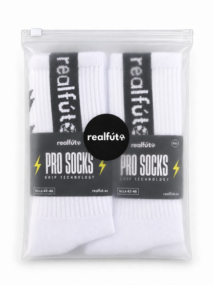 Packaging de dos pares de calcetines antideslizantes Realfút Pro Socks blancos talla 42-46